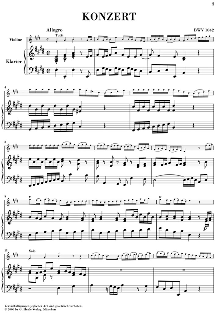 Concerto For Violin And Orchestra In E BWV 1042 - noty pro housle a klavír