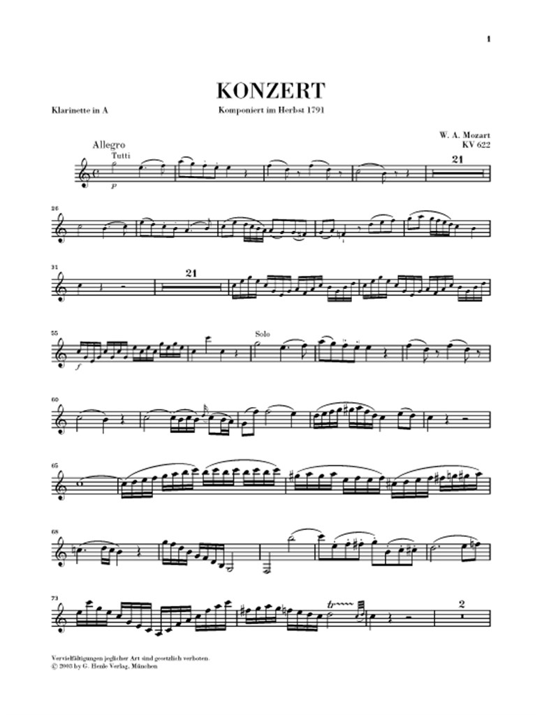 Clarinet Concerto A major K. 622 - noty pro klarinet a klavír