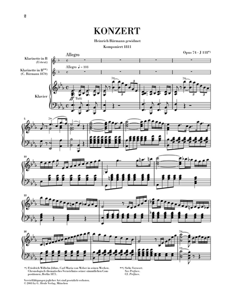 Clarinet Concerto No. 2 E Flat Major Op. 74 - Klavierauszug - noty pro klarinet a klavír