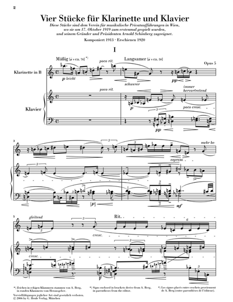 Vier Stucke Klarinette Und Klavier Op 5 - noty pro pokročilejší hráče na klarinet a klavír