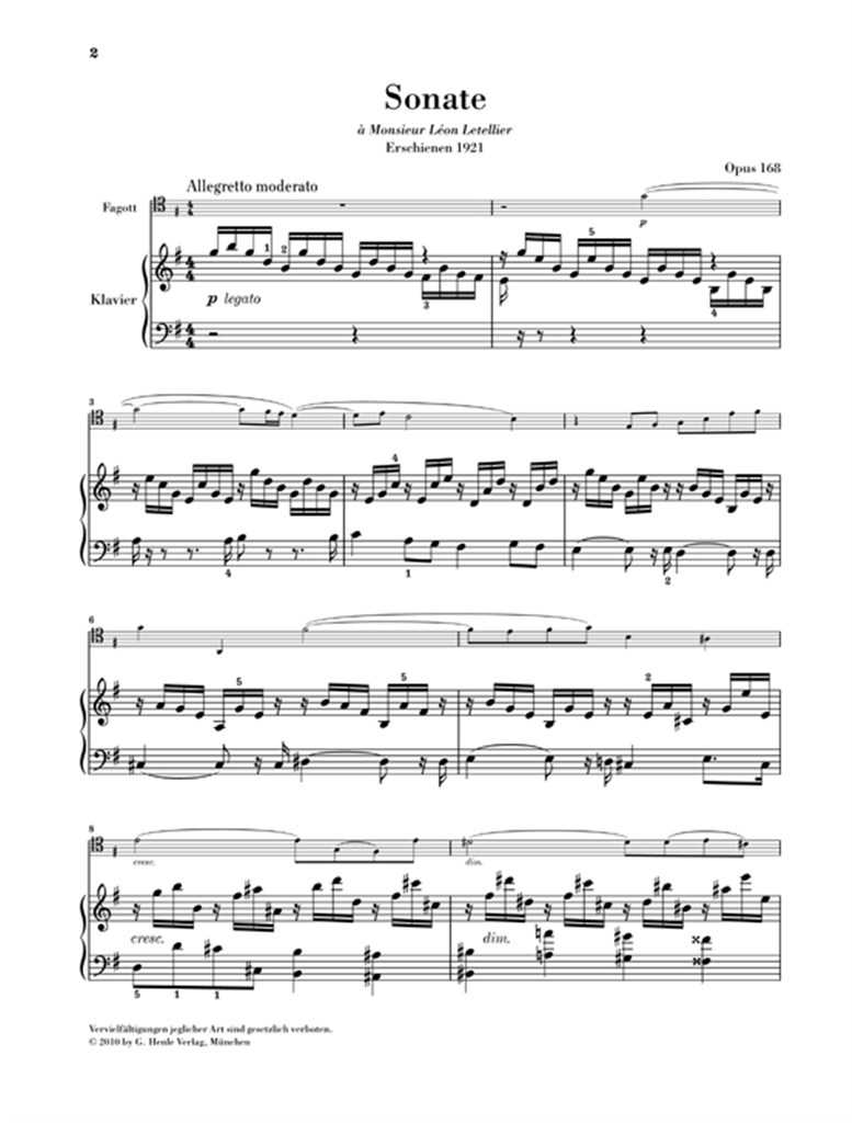Bassoon Sonata Op.168 - noty pro fagot a klavír