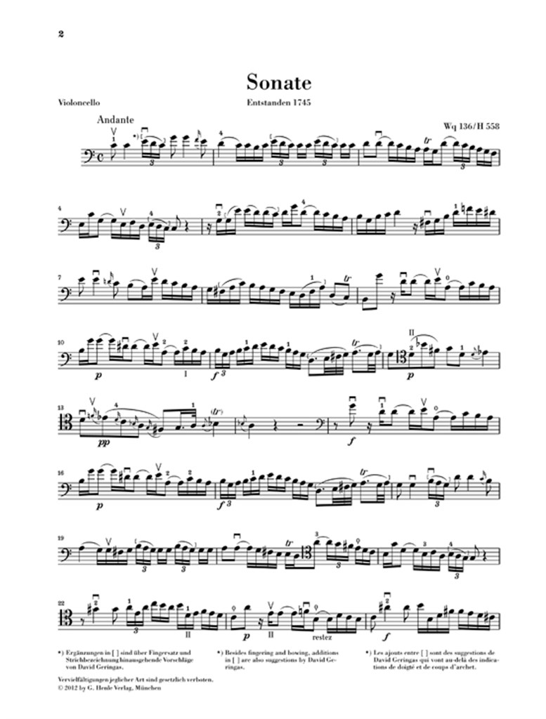 Gambensonaten Wq 88, 136, 137 - Edition for Violoncello noty pro violoncello a klavír