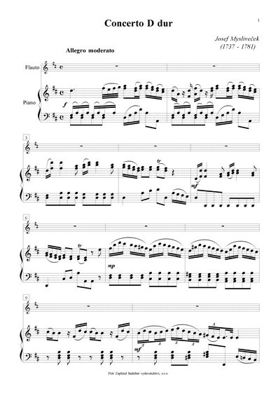 Concerto D dur pro příčnou flétnu a klavír od Mysliveček Josef