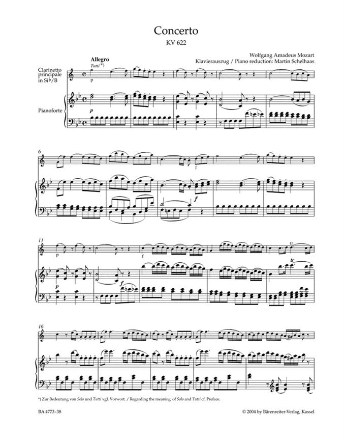 Clarinet Concerto In A K.622 - Transposed version into B-flat major for Bb Clarinet & Piano - klarinet a klavír
