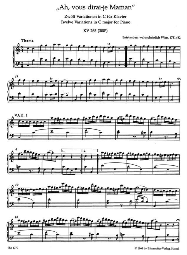 Ah, vous dirai-je Maman - KV 265(300e) - Zwölf Variationen in C für Klavier - pro klavír