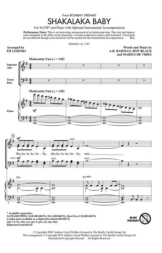 Shakalaka Baby - from Bombay Dreams - pro sbor SATB