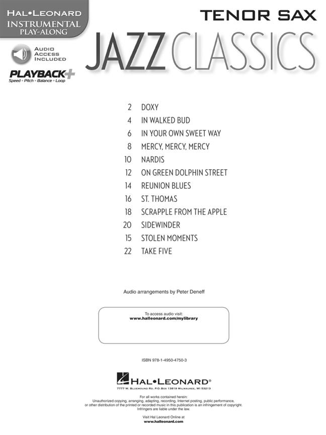 Jazz Classics - Tenor Saxophone - Instrumental Play-Along - noty na tenor saxofon