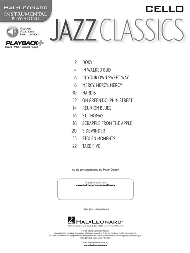 Jazz Classics - Cello - Instrumental Play-Along - noty pro violoncello