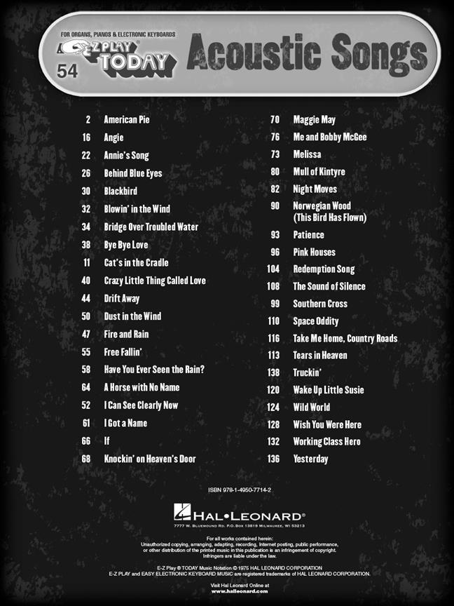 Acoustic Songs - E-Z Play Today 54 - populární písně na klavír