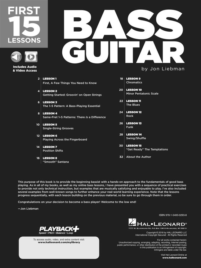 First 15 Lessons - Bass Guitar - A Beginner's Guide, Featuring Step-By-Step Lessons with Audio, Video, and Popular Songs! - noty pro basovou kytaru