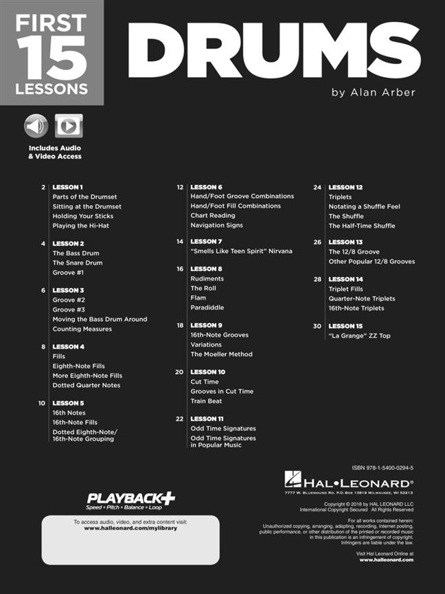 First 15 Lessons - Drums - A Beginner's Guide, Featuring Step-By-Step Lessons with Audio, Video, and Popular Songs! - noty pro bicí soupravu