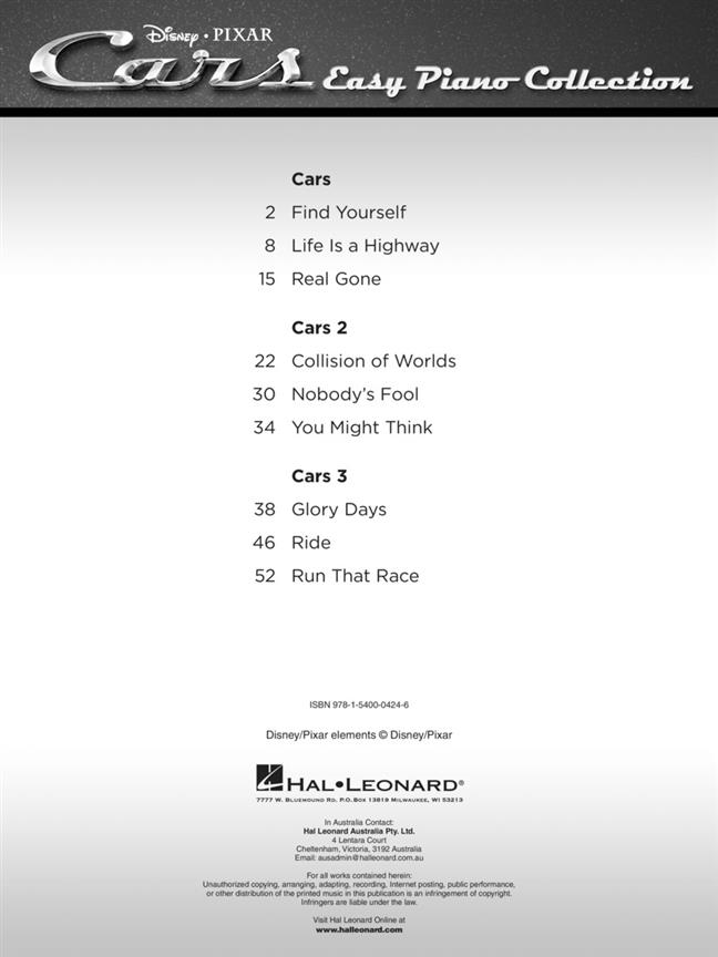 Cars - Easy Piano Collection - Music from All 3 Disney Pixar Motion Pictures klavír kniha pro děti