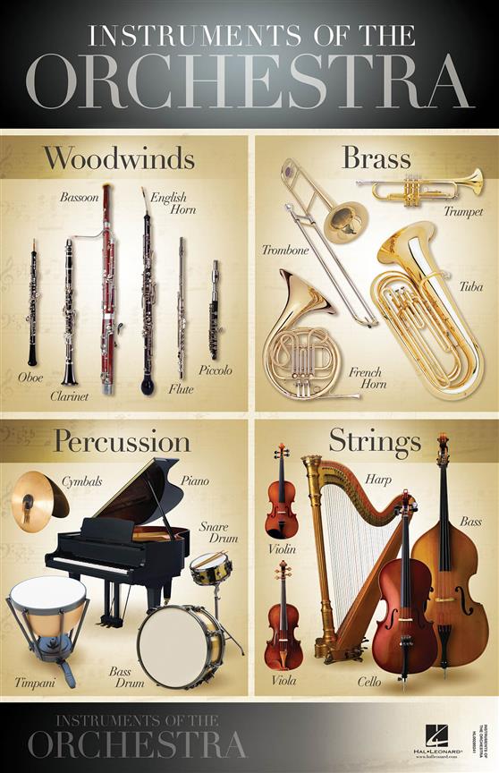 Plakát hudebních nástrojů v orchestru
