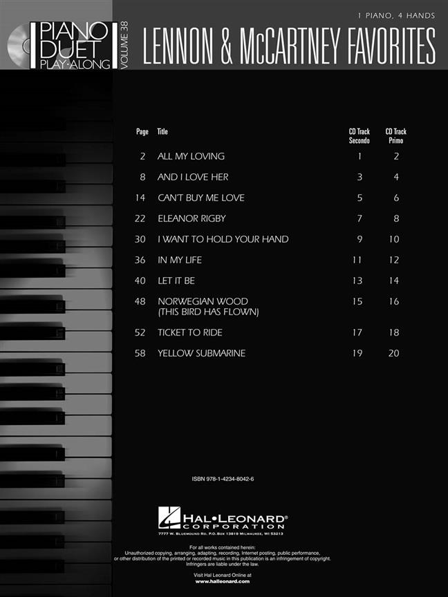 Lennon & McCartney Favorites  - Piano Duet Play-Along Volume 38 písně pro dva klavíry