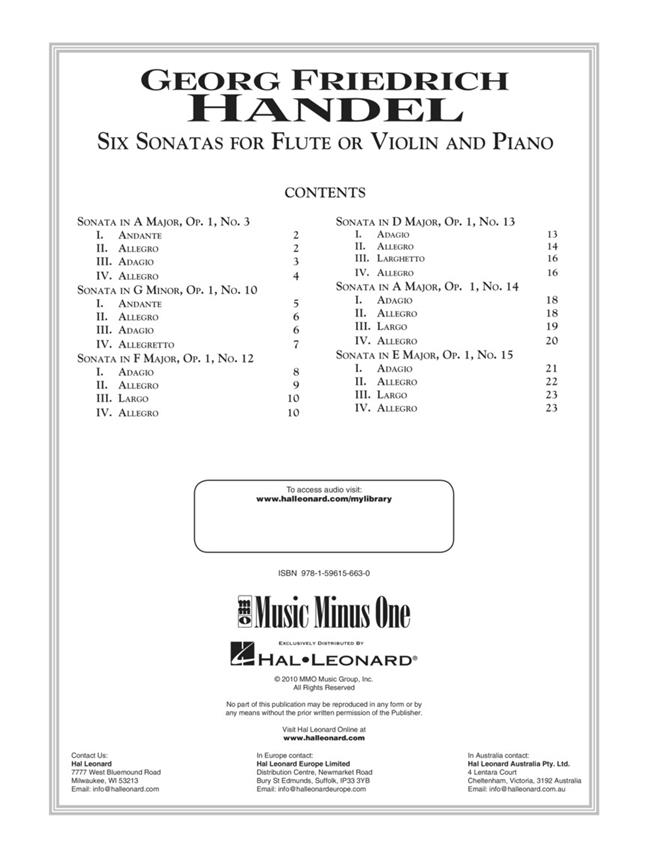Six sonatas for flute (or violin) and piano - noty na příčnou flétnu a klavír