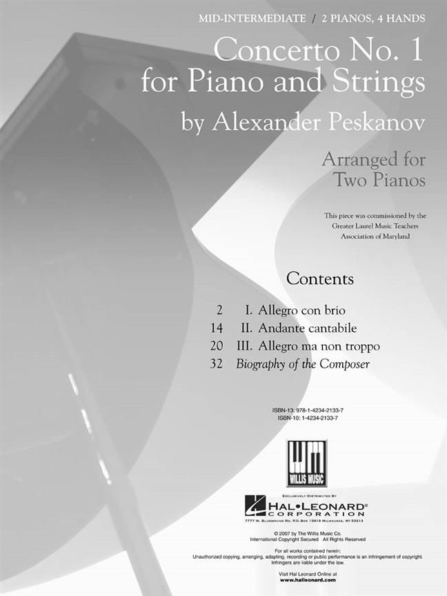 Concerto No. 1 for Piano and Strings - National Federation of Music Clubs 2014-2016 Selection Arranged for Two Pianos - noty na klavír