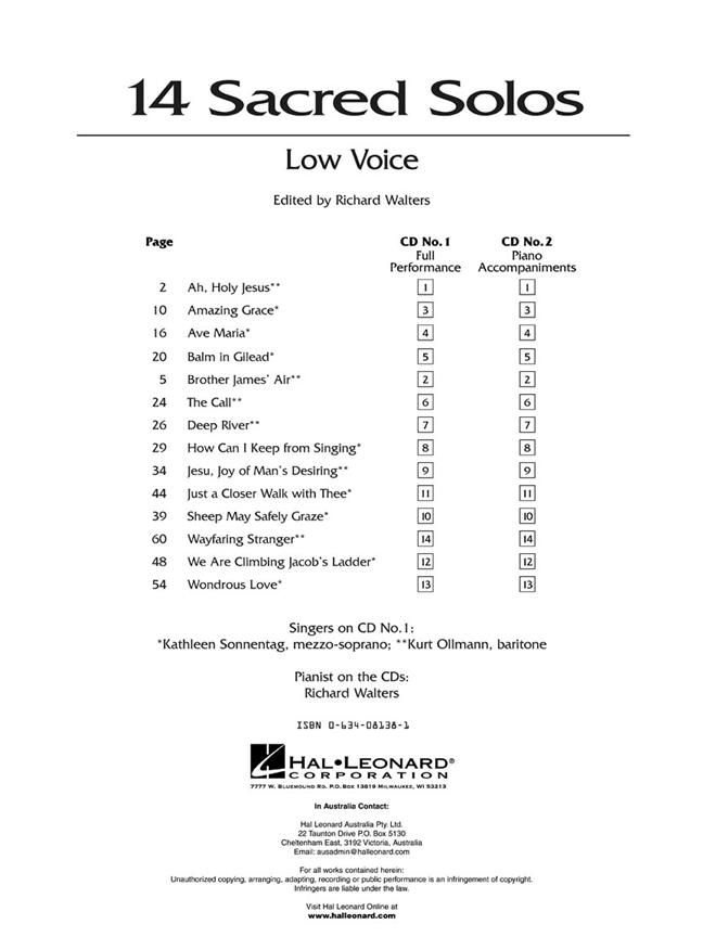 14 Sacred Solos - Low Voice - noty pro nízký hlas a klavír