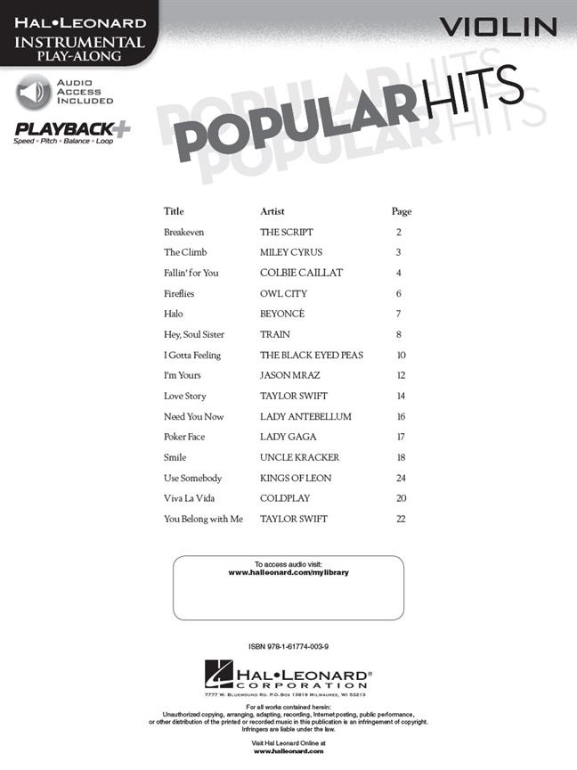 Popular Hits - Violin - Instrumental Play-Along - noty pro housle