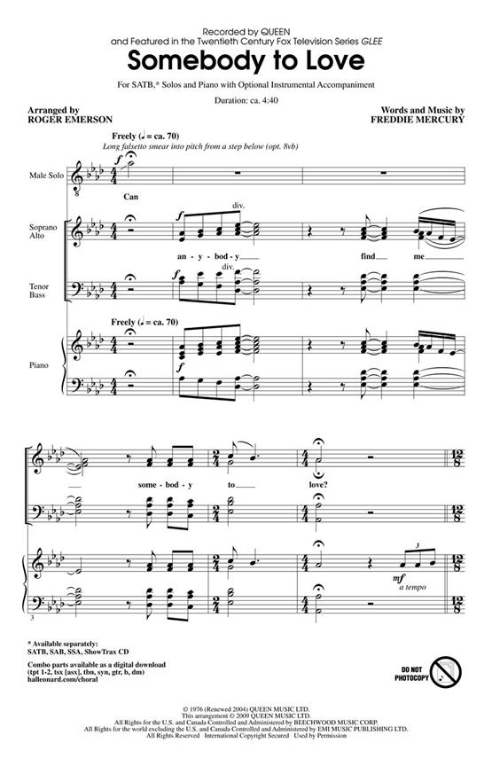 Somebody To Love - From GLEE (Freddie Mercury) noty pro sbor SATB