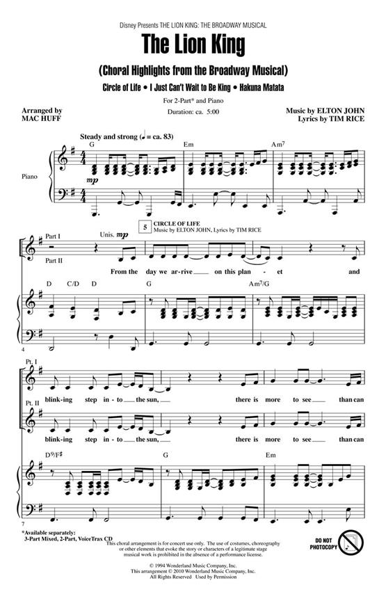 The Lion King - (Choral Highlights from the Broadway Musical) Discovery Level 2 - pro sbor 2-Part