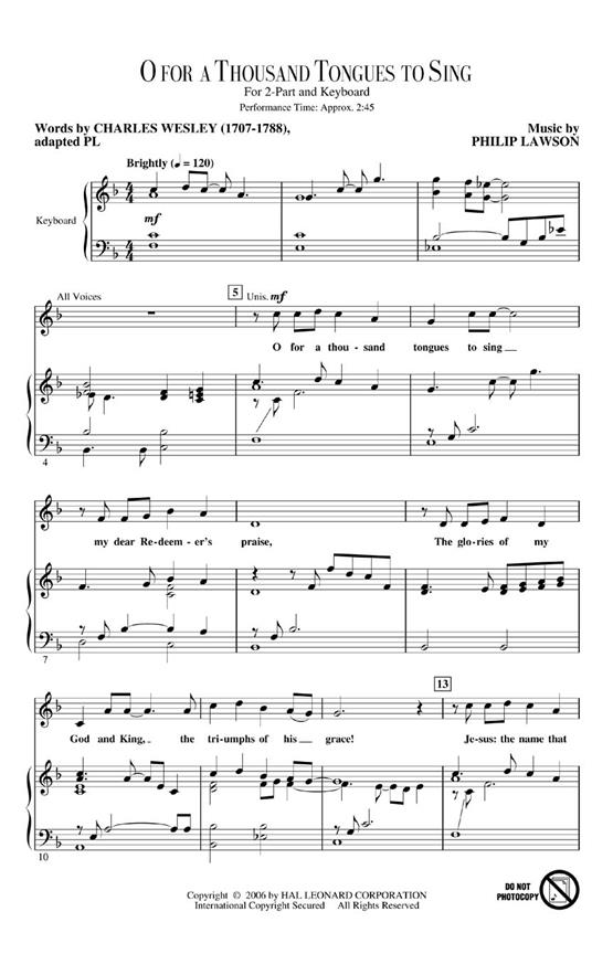O for a Thousand Tongues to Sing - pro 2-Part  a klavír